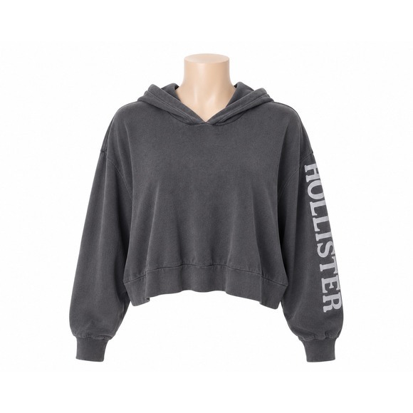 Hollister Tops - Hollister Womens Cropped Hoodie Gray Long Sleeve Logo Graphic Sweatshirt Large